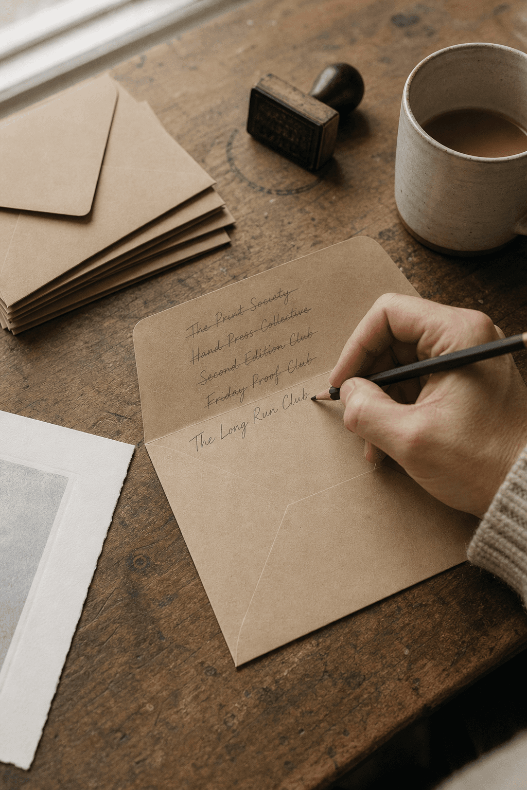 A hand drafts a print club name in pencil on the flap of a kraft envelope, with crossed-out earlier attempts and a rubber stamp resting nearby on a wooden studio table.